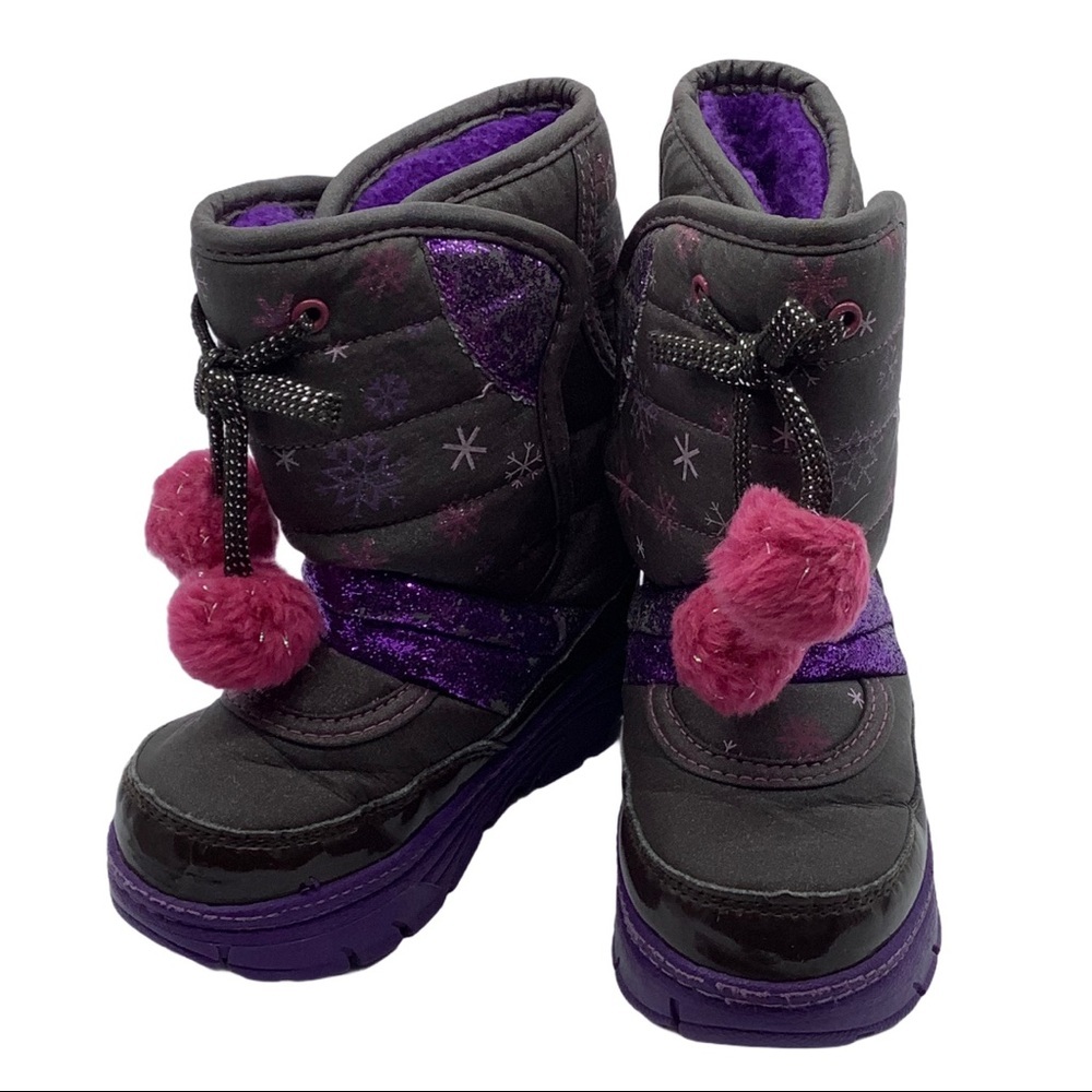 Janie Kid Girl Toddler Glitter Pom Pom Snowflake Velcro Closure Snow Boots Sz 5